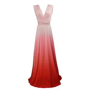 Detailed front view of a pink to red gradient multi-way wrap maxi dress for women