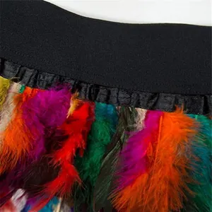 Detailopname van de kleurrijke pauwenveren rok met een zwarte elastische tailleband