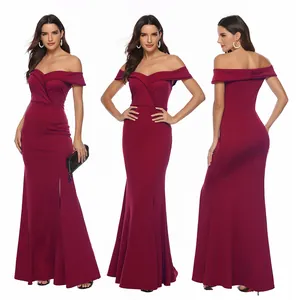 Three-way view of wine red off-the-shoulder evening dress with side slit