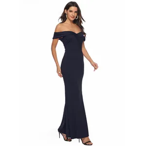 Full length presentation of navy blue off-the-shoulder gown with mermaid silhouette