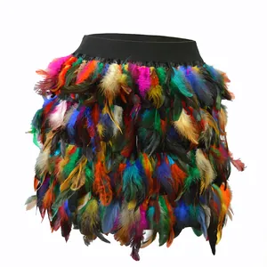 Detailweergave van luxe veelkleurige verenrok met zwarte elastische tailleband voor podium.