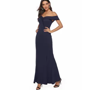 Full view of the navy blue evening gown showing the off-shoulder design and slit