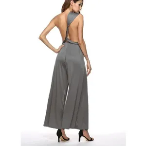 Grey multi-way wrap jumpsuit with sexy backless cross-strap design and wide legs