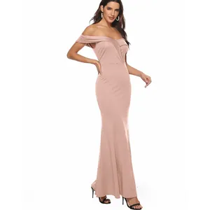 Elegant off-shoulder dusty rose V-neck evening gown maxi dress for formal events.