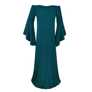 Robe longue de maternité vert foncé épaules dénudées avec manches cloche pour photos