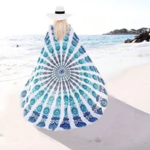Serviette de plage en mousseline à motif mandala paon et grand châle d'été rond bohème