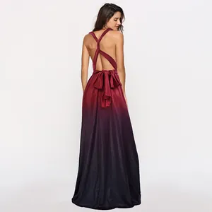 Rear view of a multi-way wrap gradient maxi dress with elegant criss-cross back straps.