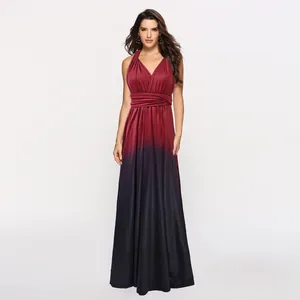 Full length view of a deep red and black gradient multiway wrap maxi evening dress