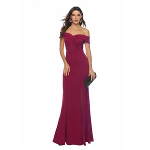 Elegant burgundy off-shoulder evening gown with a high side slit detail and slim fit