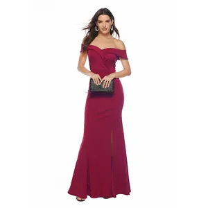 Elegant burgundy off-shoulder V-neck evening gown with high side slit for formal events