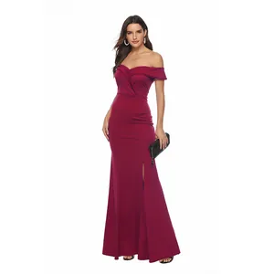 Elegant burgundy off-the-shoulder evening gown with high front slit and slim fit design.