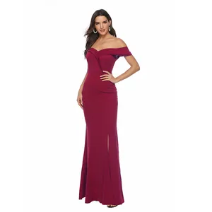 Elegant wine red off-the-shoulder evening gown with a high leg slit and V-neckline