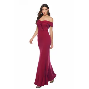 Elegant burgundy off-the-shoulder evening maxi dress featuring a high front leg split.