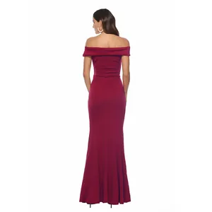 Elegant off-the-shoulder burgundy maxi evening gown shown from the back against white background