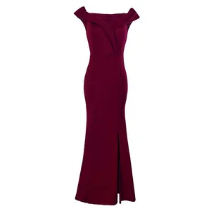 Elegant wine red off-shoulder evening gown featuring a high front slit for banquets.