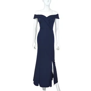 Elegant navy blue off-shoulder V-neck maxi dress with high slit for evening party