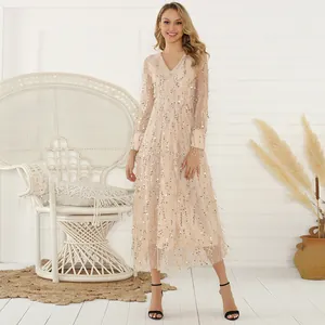 Elegant V-Neck Sequin Fringe Maxi Dress Women Long Sleeve Mesh Embroidered Evening Party Gown Formal Cocktail Dress