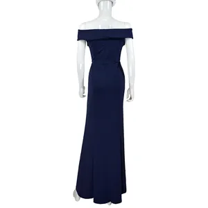 Detailed back view of an elegant navy blue off-the-shoulder evening maxi dress on mannequin