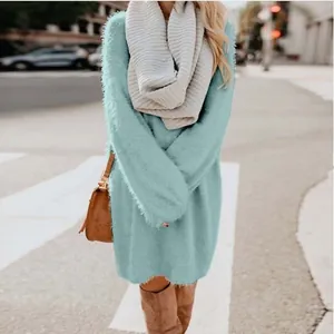 Detailed view of soft mint green plush long sleeve loose dress with fuzzy texture