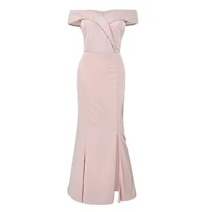 Elegant pink off-the-shoulder mermaid evening gown with a high front slit