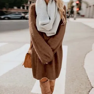 Cozy long sleeve crewneck loose plush midi dress for autumn and winter streetwear