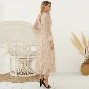Elegant champagne long-sleeved dress with gold sequins and fringe details shown from back.