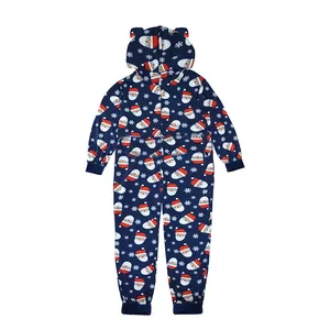 Detailed view of navy blue hooded Santa Claus pattern jumpsuit with snowflakes.