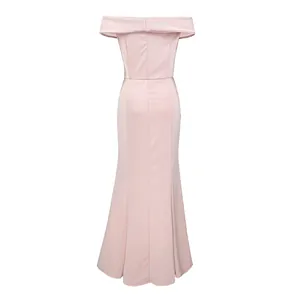 Detailed back view of an elegant pale pink off-the-shoulder mermaid style evening gown
