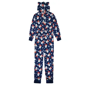 Festive navy blue hooded Christmas onesie featuring Santa Claus and snowflake prints.
