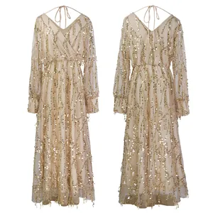 Front and back view of a sparkling gold V-neck sequined maxi dress for formal events