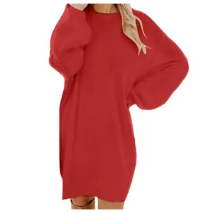 Detailed view showing the soft texture of a cozy red fuzzy oversized crewneck sweater dress