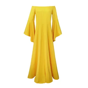 Élégante robe longue de maternité jaune à épaules dénudées et manches cloches évasées