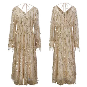 Front and back view of elegant V-neck champagne sequin maxi dress with fringe detail