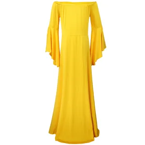 Robe longue de maternité jaune à épaules dénudées avec manches évasées élégantes