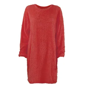 Vibrant red fuzzy fleece long sleeve dress featuring soft plush texture and crewneck