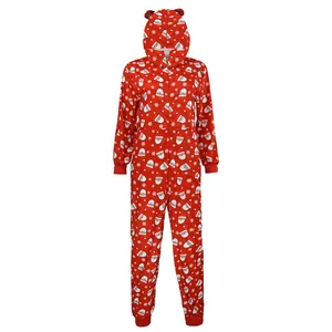 Detailed view of the festive red Christmas onesie featuring Santa Claus print