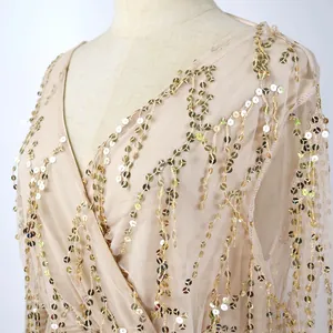 Close-up of gold sequins and fringe detail on beige tulle long sleeve dress