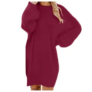 Comfortable maroon oversized plush knit dress featuring a classic crew neck and long sleeves.