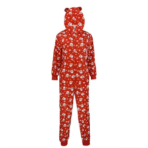 Full view of red hooded Christmas jumpsuit featuring festive Santa and snowflake prints.