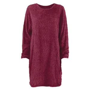Front view of burgundy fuzzy long sleeve round neck loose casual dress for women