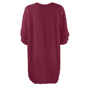 Back view of a cozy wine red fuzzy long sleeve tunic dress for winter