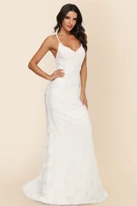 Elegant white lace wedding dress with V-neck spaghetti straps and long train detail.