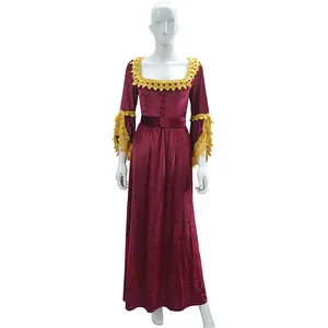 Elegantes weinrotes mittelalterliches Hofkleid mit aufwendigen gelben Spitzenverzierungen