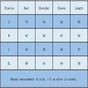 Detailed clothing size chart with measurements for bust, shoulder, and sleeve length