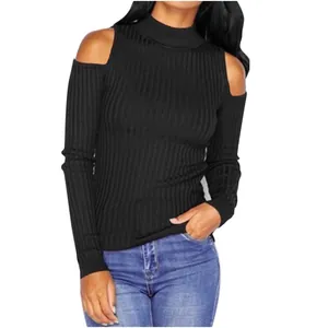 Black ribbed knit turtleneck sweater featuring stylish cold-shoulder cutouts for women