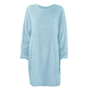 Detailed view of the soft light blue fuzzy plush dress with a cozy round neck and long sleeves