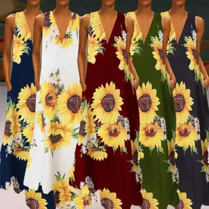 Bohemian sunflower print maxi dress with V-neck sleeveless design and pockets