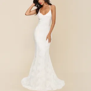 Women White Lace Wedding Dress Sexy V-Neck Spaghetti Straps Backless Fishtail Bridal Gown Elegant Large Train Evening Party Dress