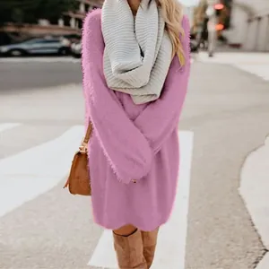 Detailed view of soft purple fuzzy sweater dress with long sleeves and loose fit