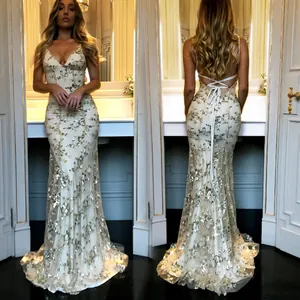Elegant white sequin mesh evening gown with slim fit and sexy backless lace-up design